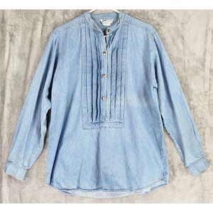 Central Falls Shirt Womens Medium Blue Denim Pleated Worn Grannycore Vintage Top